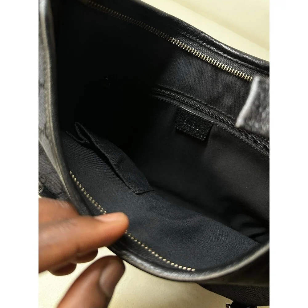 Gucci Vintage Abbey Hobo Bag Black GG Canvas Leather Trim D-Ring